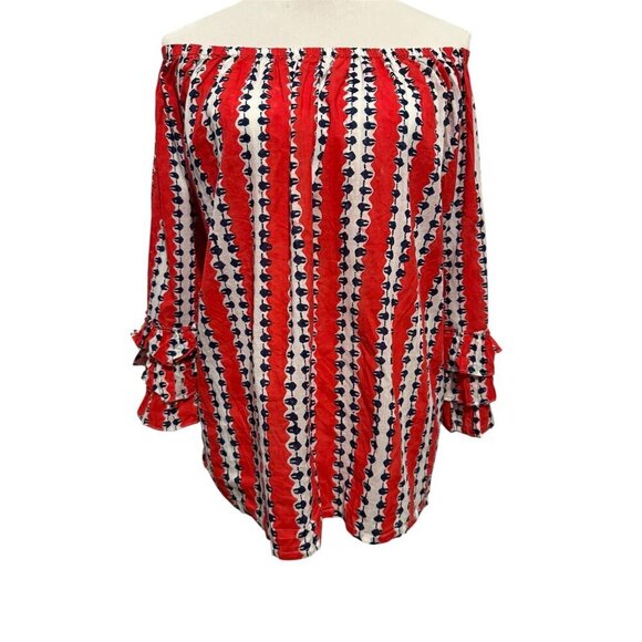 Roller Rabbit 3/4 Sleeve Red White and Blue Baggy Off the Shoulder Blouse Size L - Picture 8 of 16